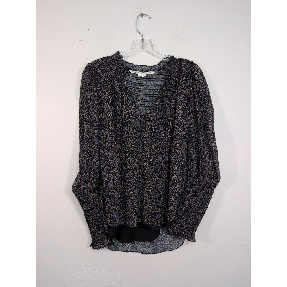 Veronica Beard Floral Smocked Neck Blouse Navy Blue Chiffon Top 4